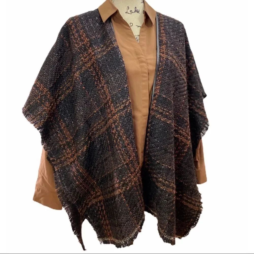 Plaid Black Brown Textured Open Front Fringe Trim Poncho - NEW